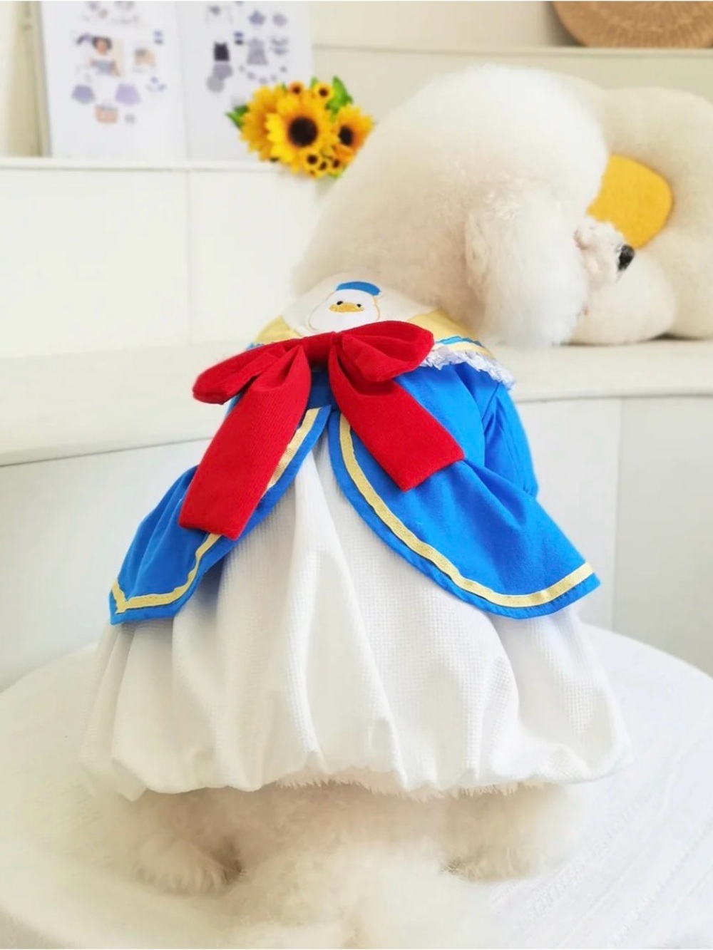 Sailor-Inspired Blue & White Pet Dress with Red Bow